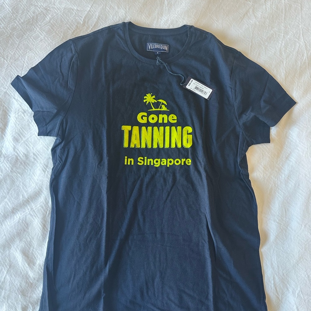 Vilebrequin Dark Blue T-Shirt with Yellow Palm Print